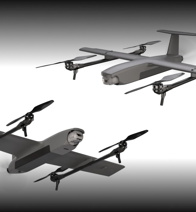 A side-on shot of two sleek drones